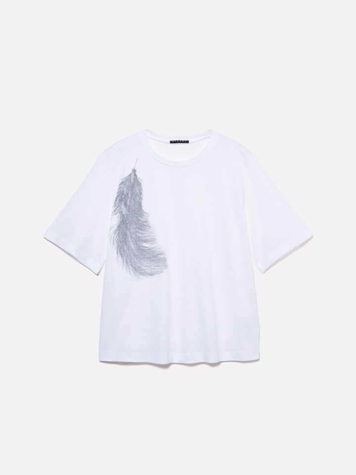 White t-shirt with feather print - women's short sleeve t-shirts - White | Sisley image number 6